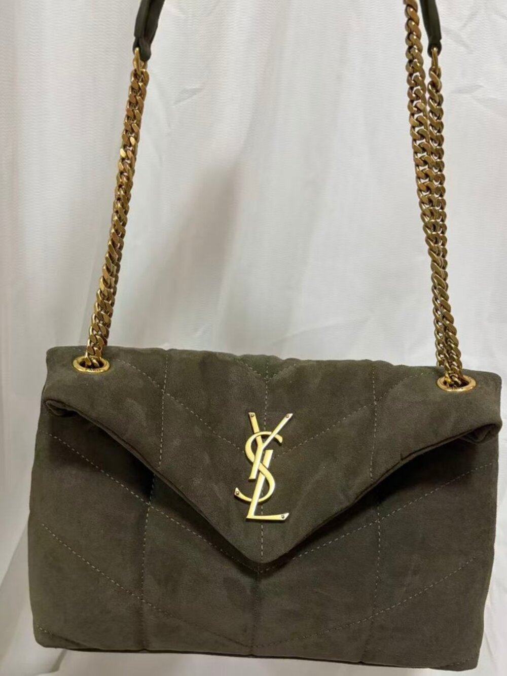 Saint Laurent Olive Green Suede Shoulder Bag with Gold Chain